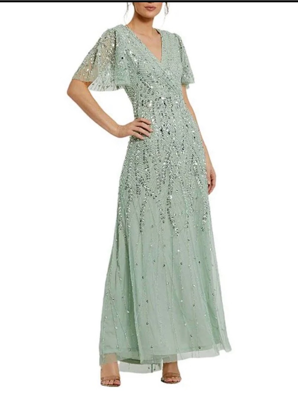 Mac Duggal Sage Green Sequin Embellished V-Neck Maxi Dress